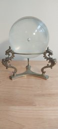 Vintage Glass Crystal Ball With Brass Dragon Stand (P-46)
