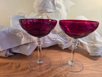 (7) Vintage Ruby Red Glass Crystal Champagne Glasses (EL113)