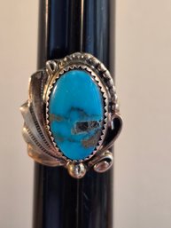 Navajo Feather And Rope Sterling & Turquoise Ring (ED119)