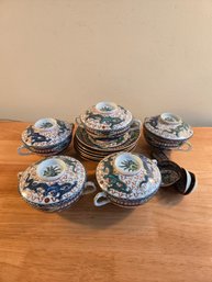 Set Of (5) Antique Chinese Porcelain Soup Bowls, Saucers And Spoons (EL143)