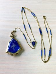 Antique 14k Gold Unmarked Engine Turned Blue Enamel Locket On Chain   (DL30)