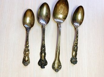 Vintage Sterling Silver 4 Floral Handle Spoons With Mongramme  (DL42)