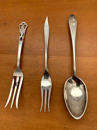 Vintage Sterling Silver 2 Pickle Forks 1 Spoon With Monogramme  (DL44)