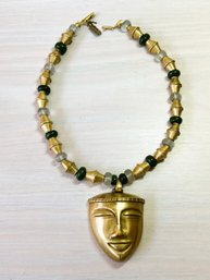 Vintage Columbian Gold Tone Mask With Green Stones Necklace   (DL71)