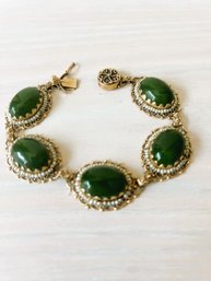 Vintage 14k Gold, Seed Pearl And Green Stone Bracelet    (DL72)