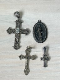 Vintage 2 Sterling Crosses, Virgin Mary Medallion And Another Cross  (DL80)