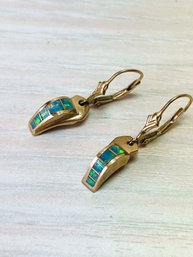 Vintage 14k Gold And Blue Opal Dangle Earrings   (DL96)