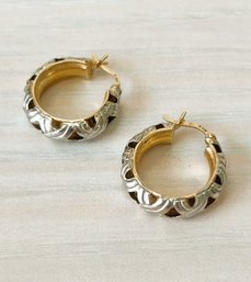 Vintage 14k White And Yellow Gold Ornate Hollow Hoop Earrings   (DL99)