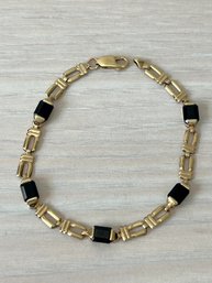 Vintage 14k Gold Chain Link Bracelet With Black Onyx Signed MG?  (DL103)