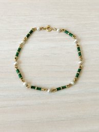 Vintage Unmarked 14k Gold Pearl And Green Enamel Delicate Bracelet Signed CC?   (DL104)