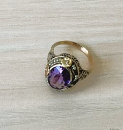 Vintage Unmarked 14k Mixed Color Gold Ornate Ring With Purple Stone  Damaged   (DL101)