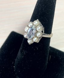 Vintage 14k White Gold Ring With Blue Stone And Pearls   (DL108)