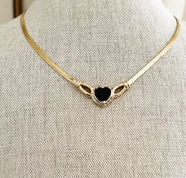 Vintage 14k Gold Chain With Black Onyx Integral Heart And Diamond Chips   (DL115)