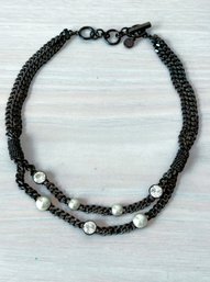 Vintage Givenchy Black Metal Chain Necklace With Faux Pearls  (DLM123)