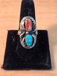 Native American Silver, Coral Turquoise Ring (ED54)
