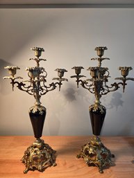 Antique Golden Brass And Black Rococo Decorative Candlesticks (ED31)