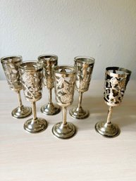 Vintage 6 ART Mex Sterling Silver And Glass Cordial Glasses  1 No Liner   (DI 131)