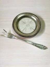 Vintage Sterling Silver Rim Glass Coaster Sterling RW&S Pickle Fork (DI 135)