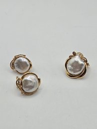 14K Yellow Gold, Pearl And Diamond Earrings And Brooch Set (EL47)