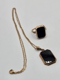 Vintage Dason 10K Yellow Gold Onyx Ring And Pendant Set (EL65)