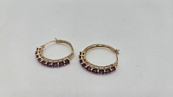 10K Yellow Gold And Amethyst Hoop Earrings (EL136)