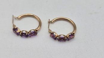10K Yellow Gold And Amethyst Hoop Earrings (EL146)