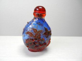 Vintage Blue And Red Glass Embossed Snuff Bottle  Bird, Butterfly, Flowers   (DP23)