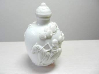 Vintage White Snuff Bottle With Raised Monkey On Horse And Base Mark (DP28)