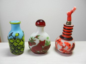 Vintage 3 Cut To White Glass Snuff Bottles  Birds And Flowers, Leaves, Animal   (DP44)