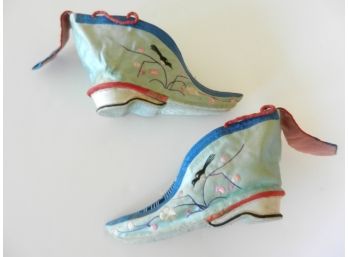 Vintage Chinese Embroidered Pale Green Silk Lotus Foot Shoes  Bird Cherry Blossom    (DP77)