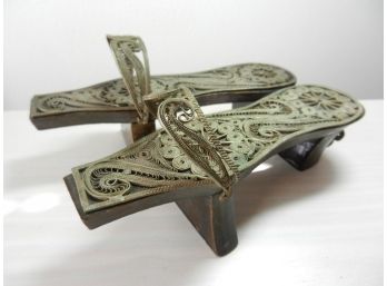 Vintage Decorative Turkish Wooden And Filigree Metal Bath Clogs   (DP74)