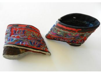 Vintage Chinese Embroidered Red Silk Lotus Foot Shoes  Metal Trim   (DP85)