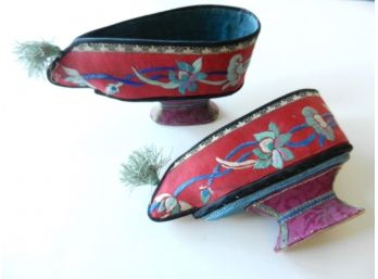 Vintage Chinese Embroidered Red Silk Lotus Foot Shoes  Mid Sole Pedestal   (DP81)
