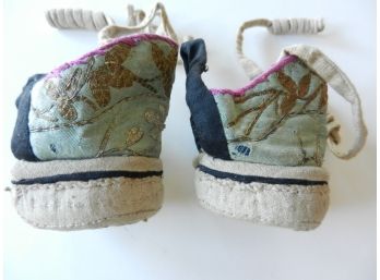 Vintage Chinese Metallic Embroidered Silk Lotus Overshoes  Heel Blocks   (DP78)