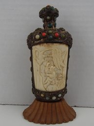 Asian Bone Carving Silverplate Over Copper Turquoise And Coral Snuff Bottle