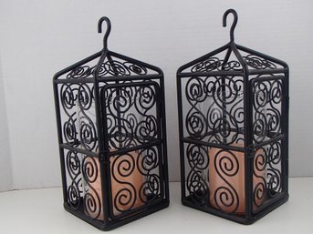 Two Heavy Metal Table Top Or Hanging Pillar Candle Holders