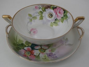 Antique Hand Painted Soup Bowl And Plate With Handles By Nippon