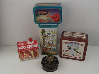 All Kinds Of Tins Tao Tea Balls, Hershey's, Uncle Ben's Rice, Log Cabin, Celestial Tea