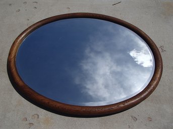 Antique Oval Beveled Mirror With Oak Frame