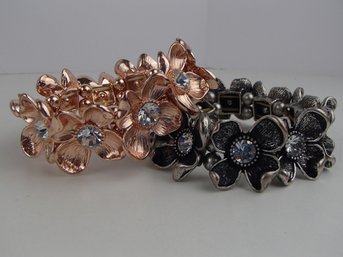 Copper Tone And Grayed Metal Rhinestone Stretch Bracelets