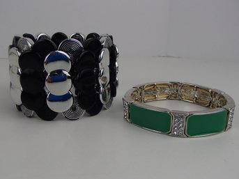 Acrylic Circle Bracelet And Green Enameled Rhinestone Bracelet