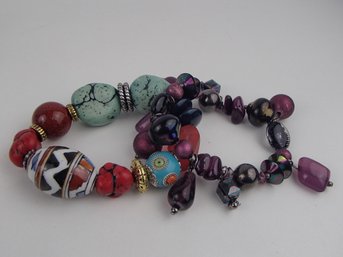 Chunky Glass, Ceramic And Stone Bracelet And Purple Glass Bead Stretch Bracelets