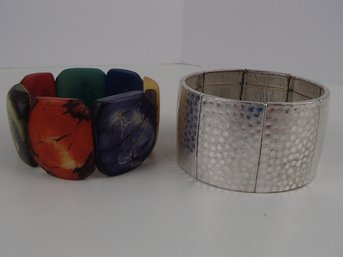 Colorful Tagua Nut Bracelet And Silver Tone Hammered Metal Stretch Bracelet