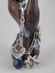 Pretty Hearts, Flowers And Blue Glass Crystals Bracelet