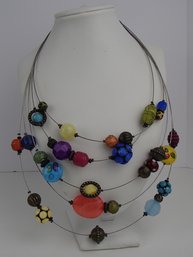 Multi Strand Wire 21' Necklace With Acrylic And Millefiori Beads