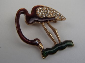 Vintage Flamingo Enamel And Rhinestone Pin / Brooch