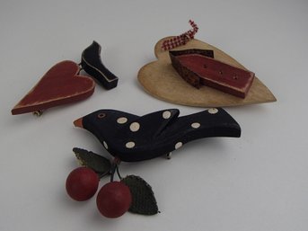 Wood Heart Pins And A Bird With Cherries Pin