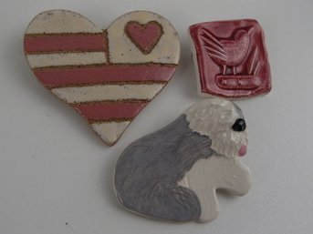 Stoneware Heart Pin, Signed Sheepdog And Bird Ceramic Pins