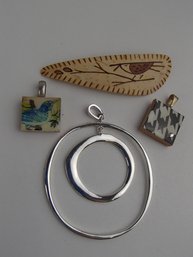 Handmade Pendants, Silver Tone Circle Pendant And Bird Pin