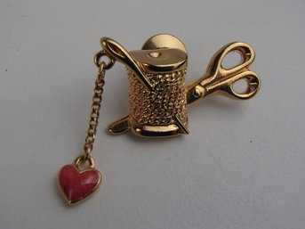 Spool And Scissor With Enamel Heart Pin By Avon